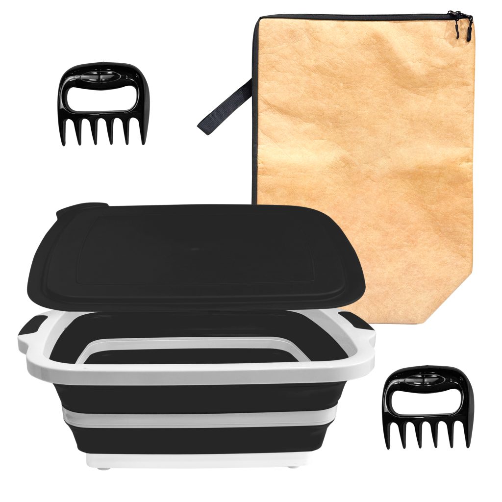Ensemble de préparation BBQ pliable 16L avec sac isotherme et griffes à viande (Noir)