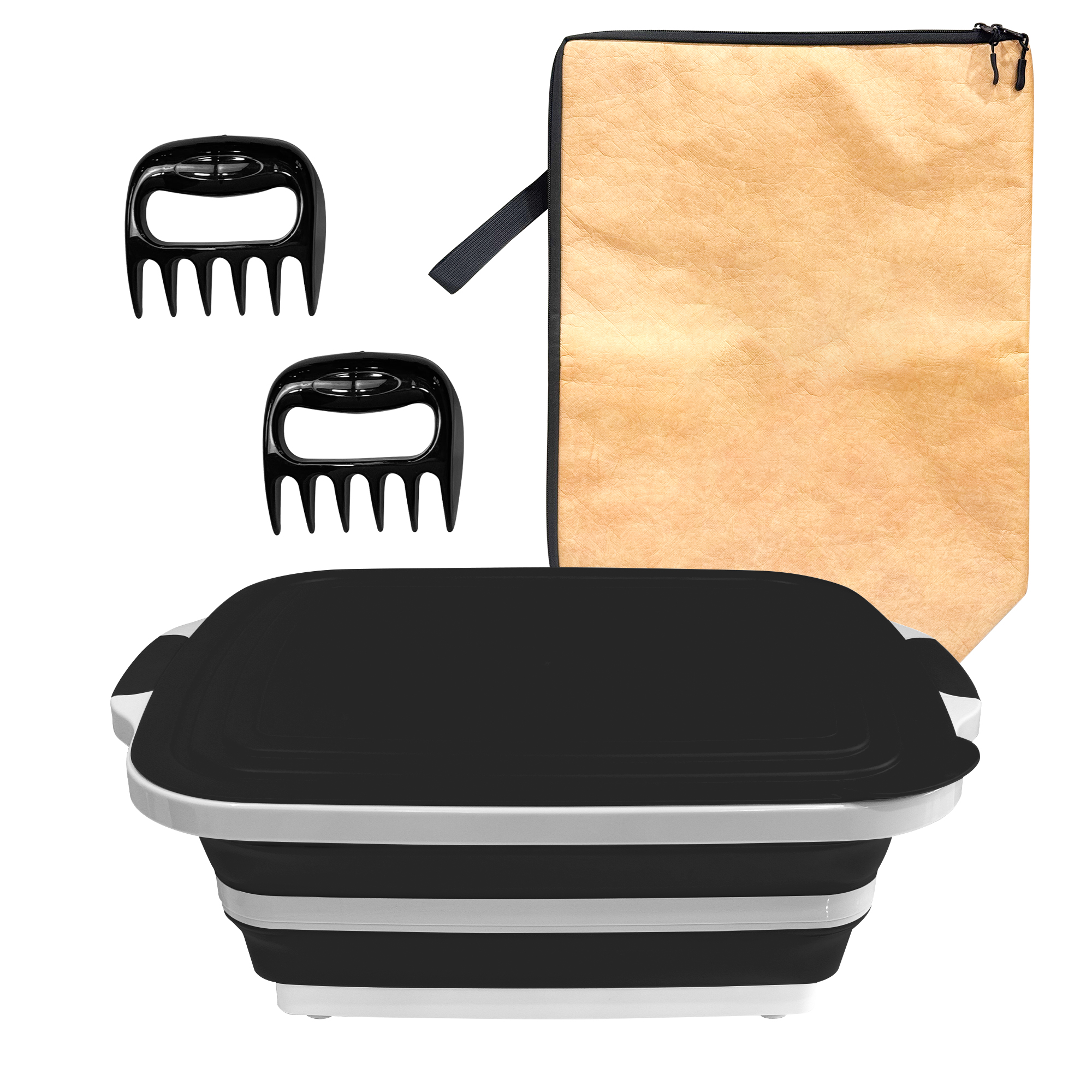 Ensemble de préparation BBQ pliable 16L avec sac isotherme et griffes à viande (Noir)