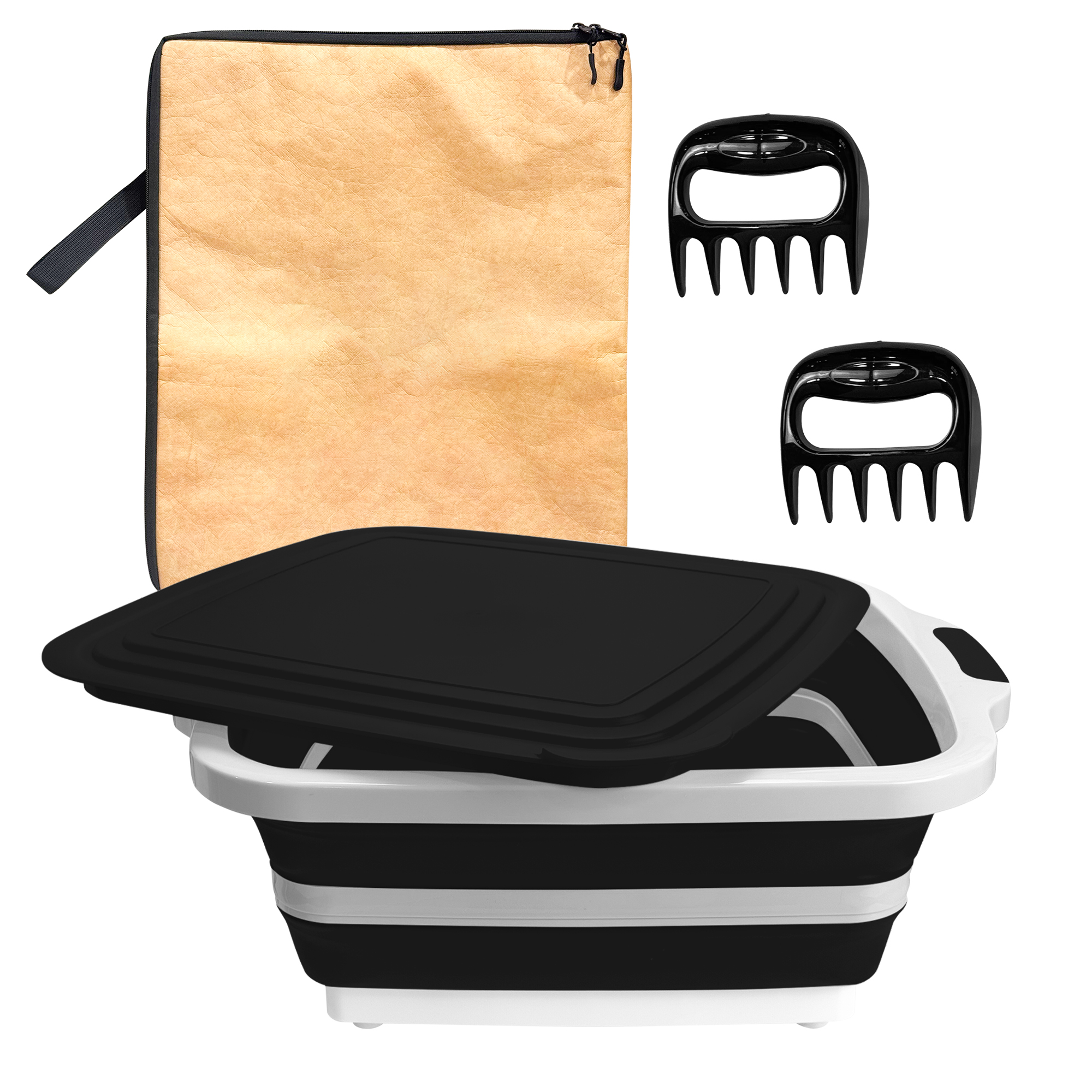 Ensemble de préparation BBQ pliable 16L avec sac isotherme et griffes à viande (Noir)