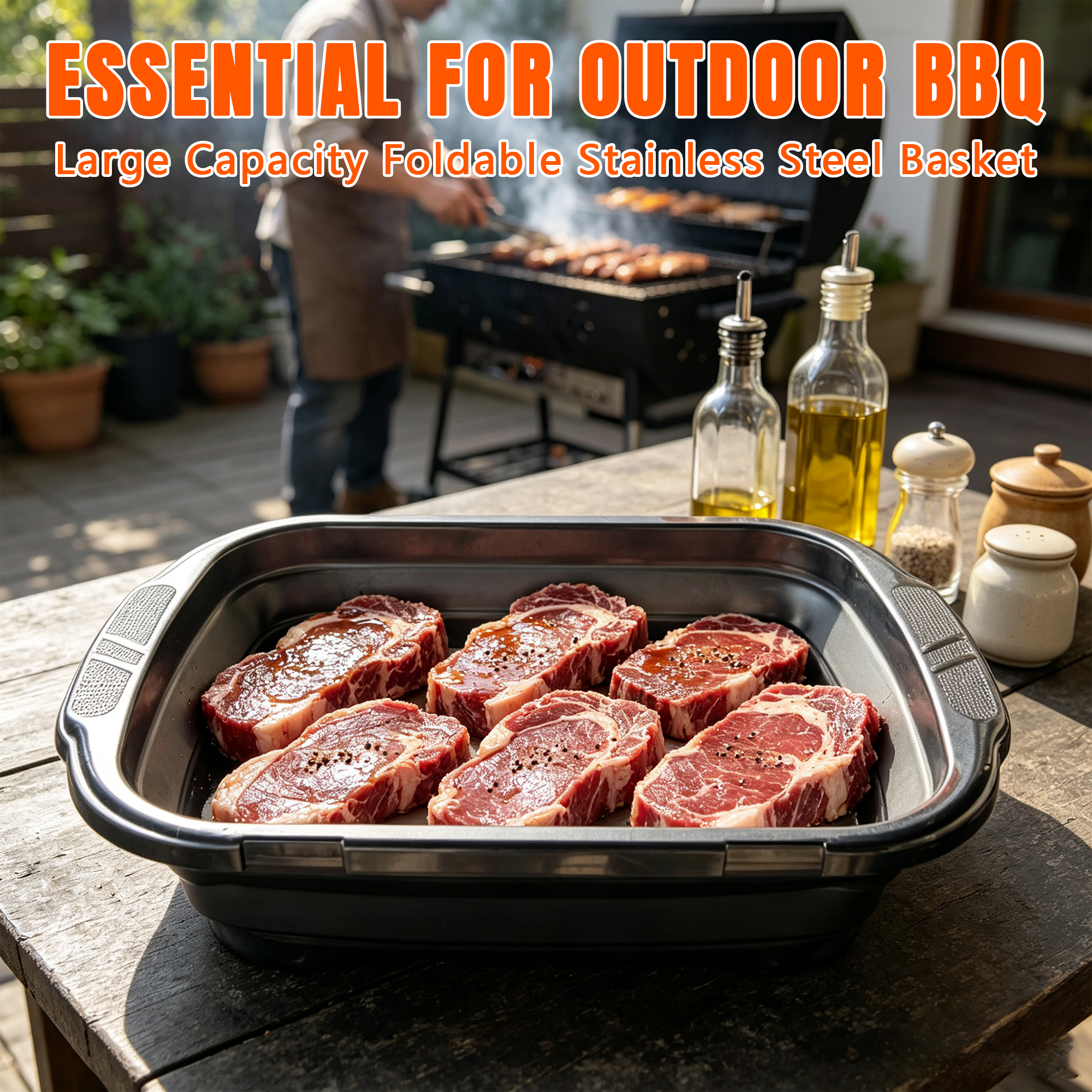 20L Foldable Stainless Steel BBQ Basket with Locking Lid