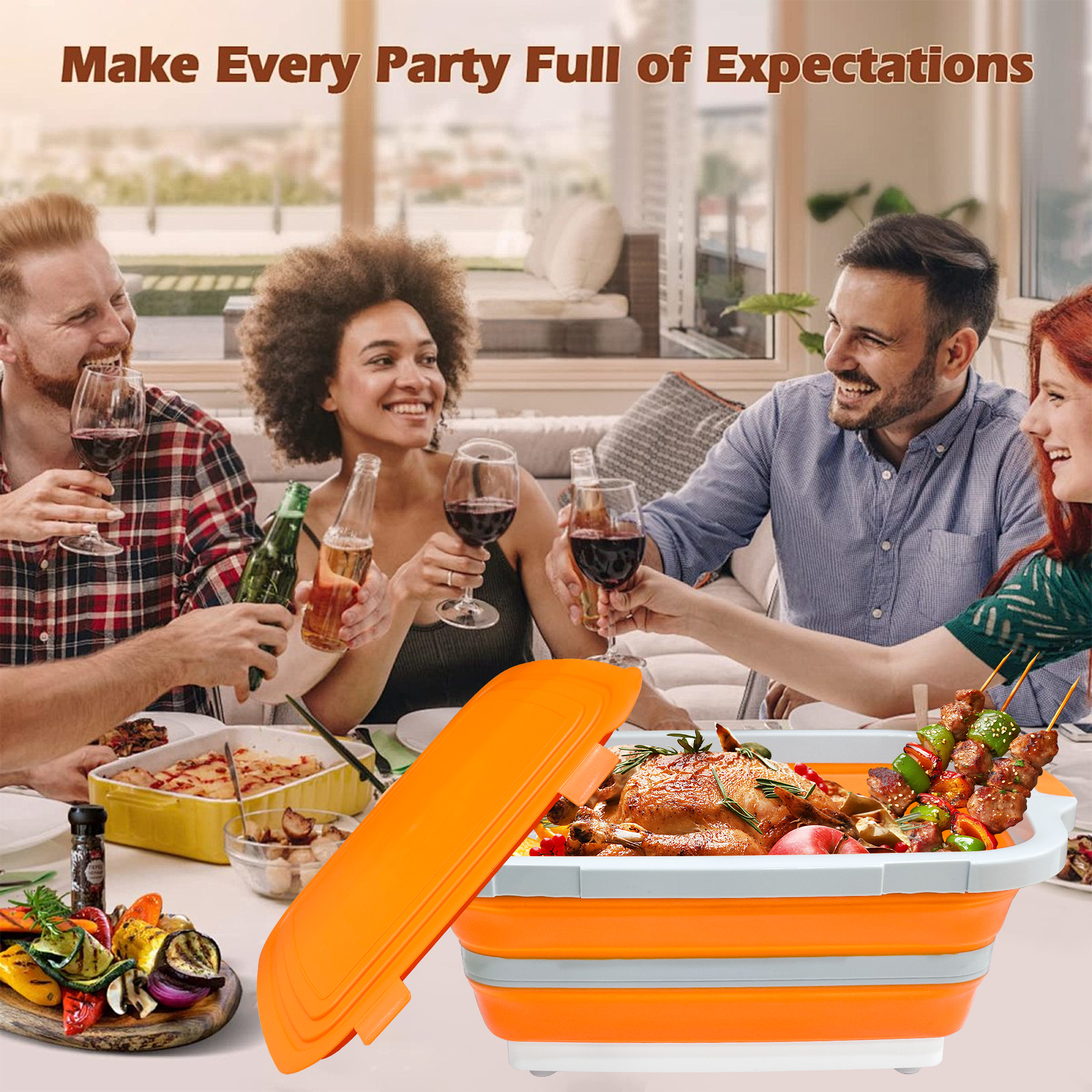 Foldable BBQ Prep Tub with Locking Lid - 8L (Orange)