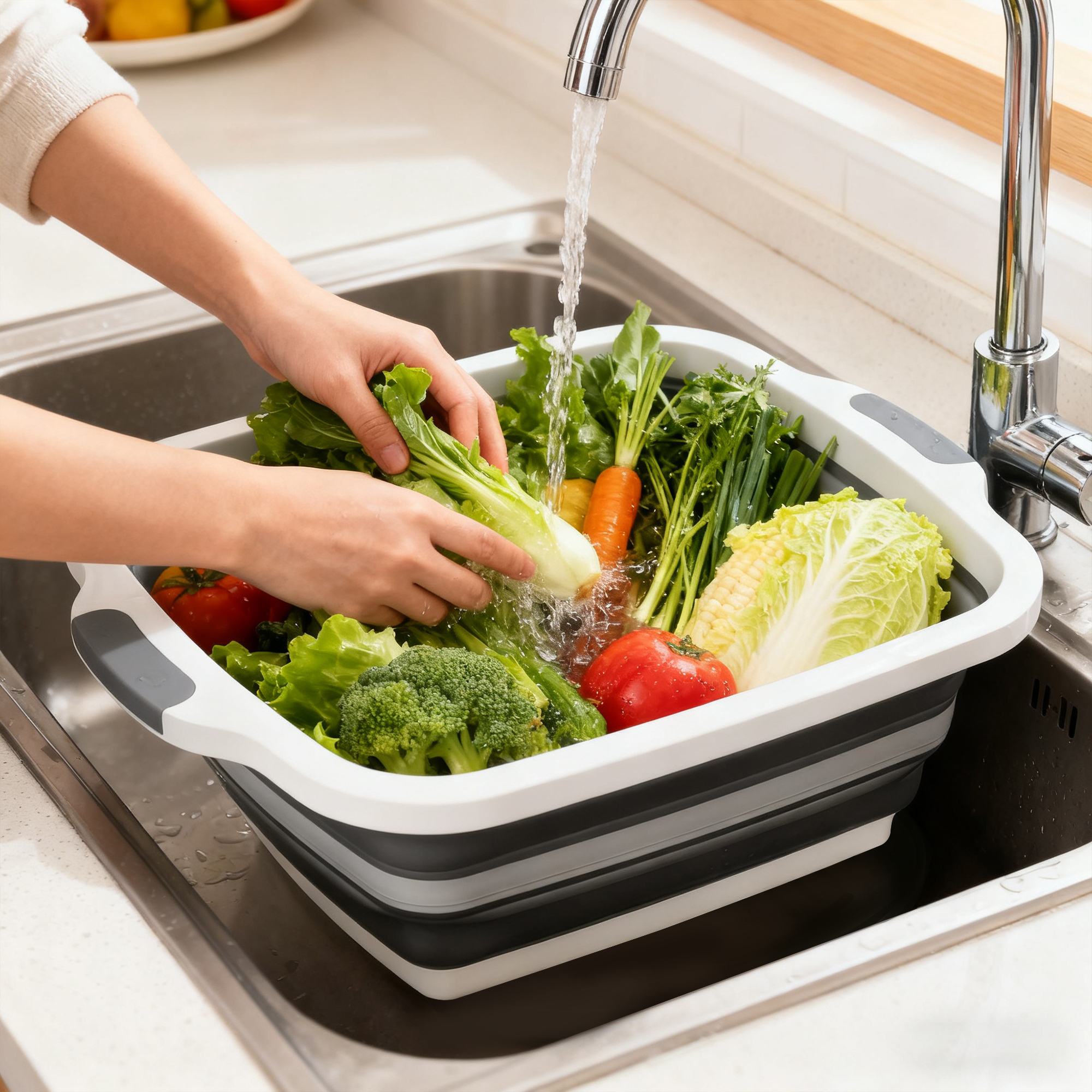 Deep basin rinses a full load of vegetables