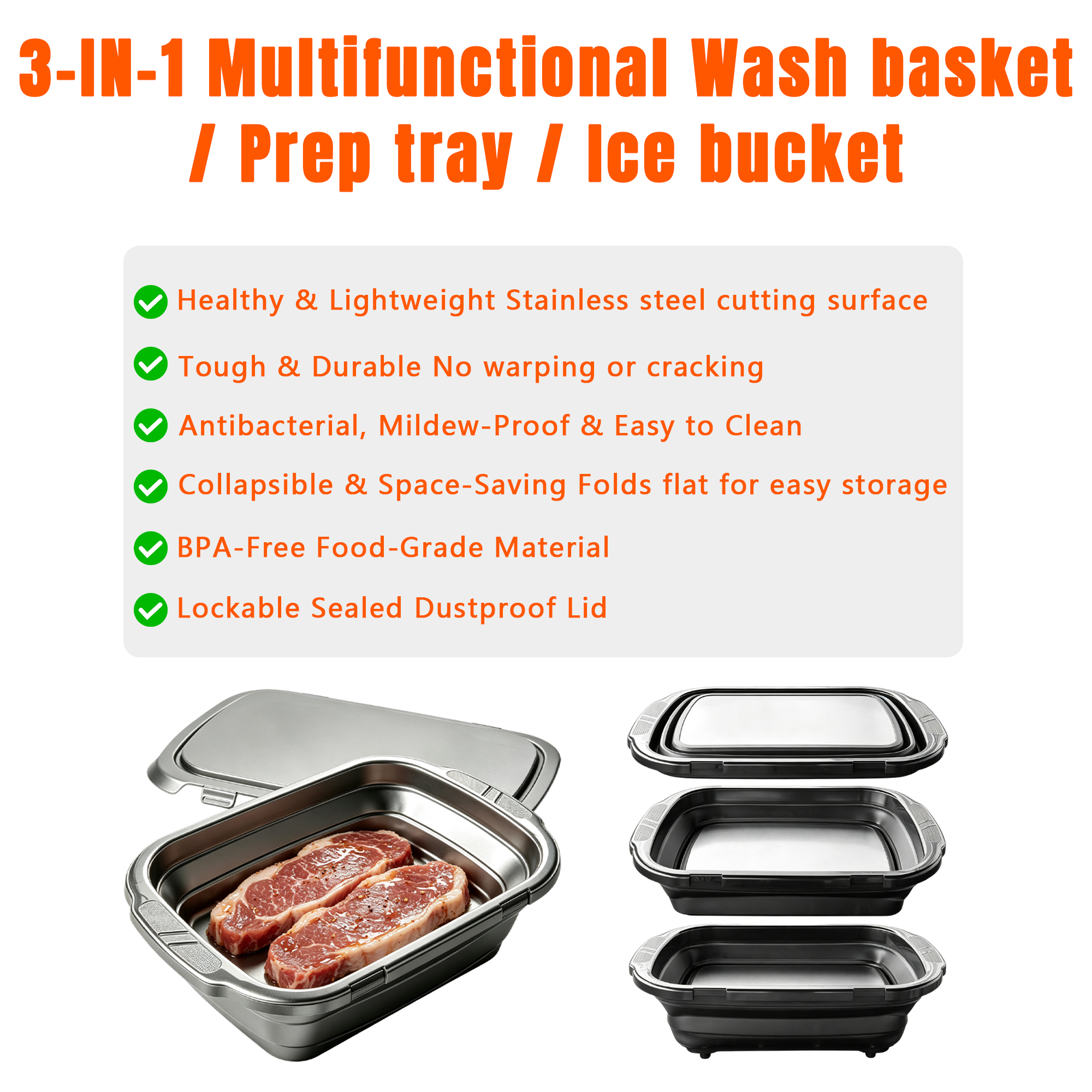 20L Foldable Stainless Steel BBQ Basket with Locking Lid features