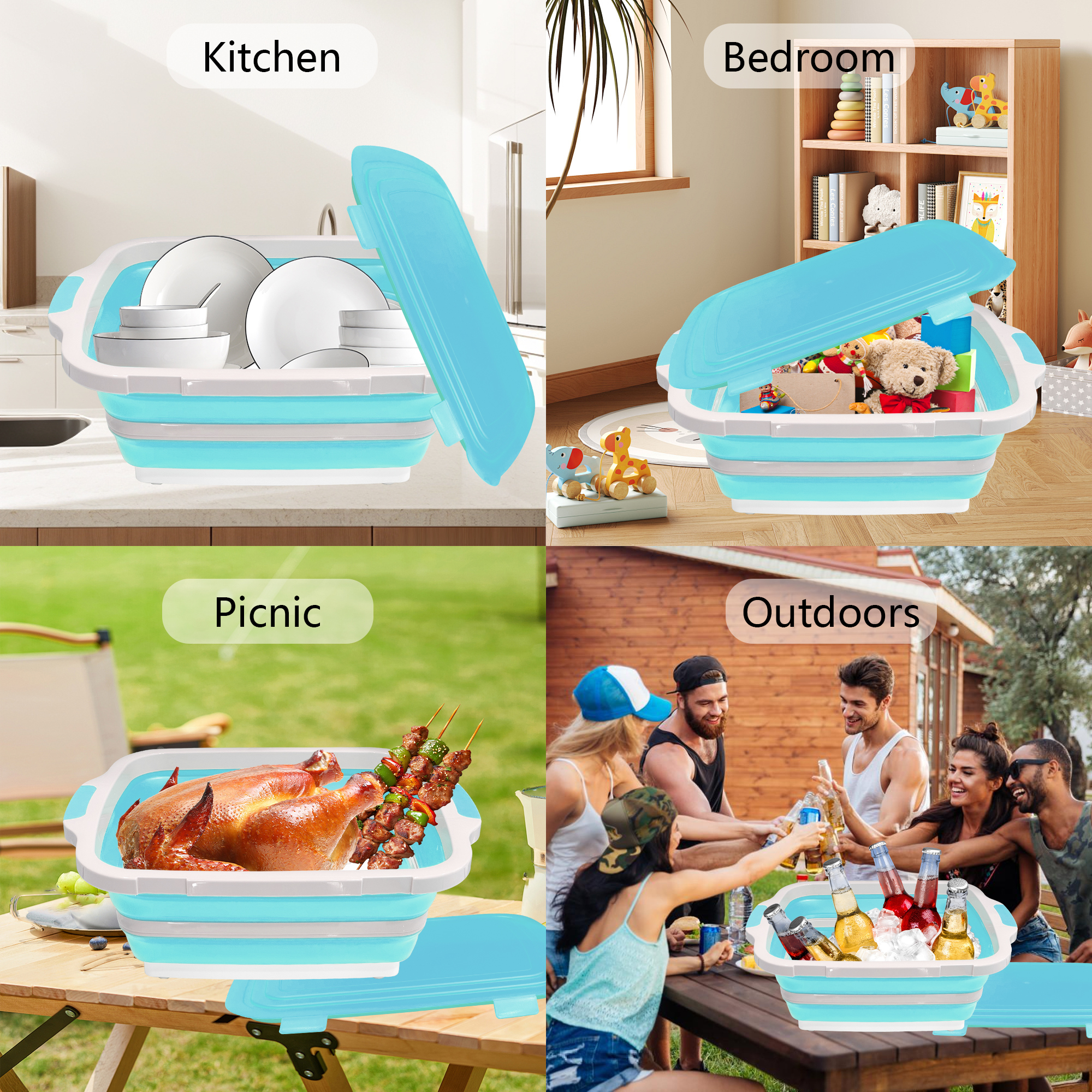 16L Foldable Prep Tub with Airtight Locking Lid - Blue features