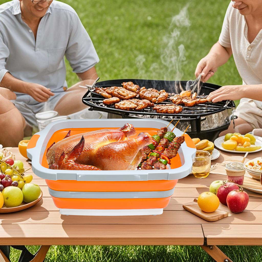 Foldable BBQ Prep Tub with Locking Lid - 8L (Orange) in use