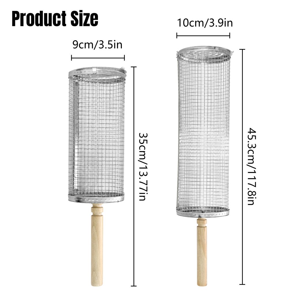 Rotating BBQ Grill Basket with Wooden Handle – 2 Sizes in use