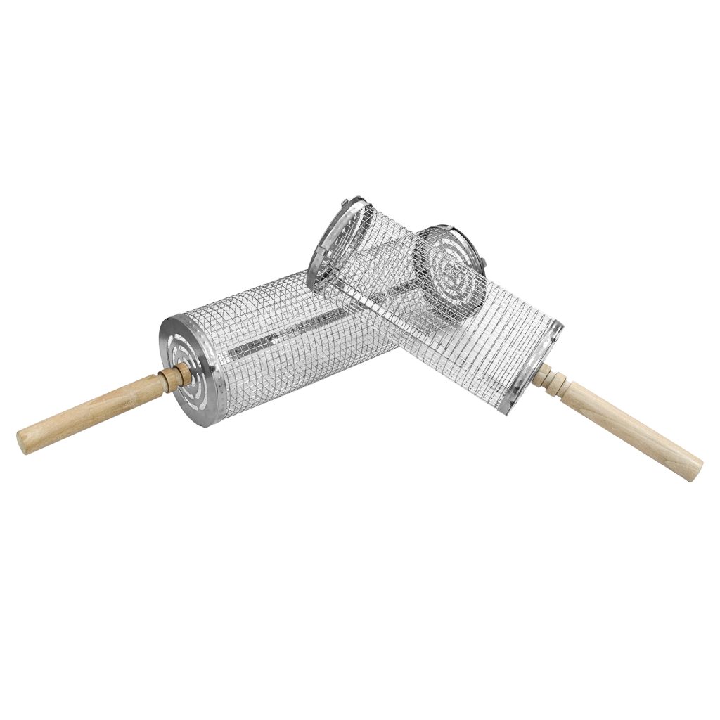 Rotating BBQ Grill Basket with Wooden Handle – 2 Sizes in use