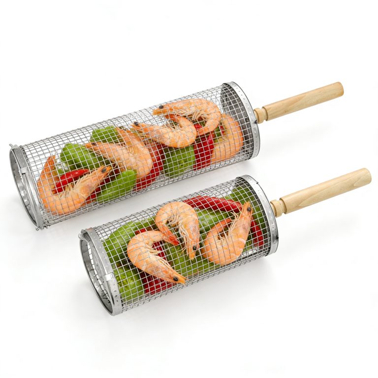 Rotating BBQ Grill Basket with Wooden Handle – 2 Sizes