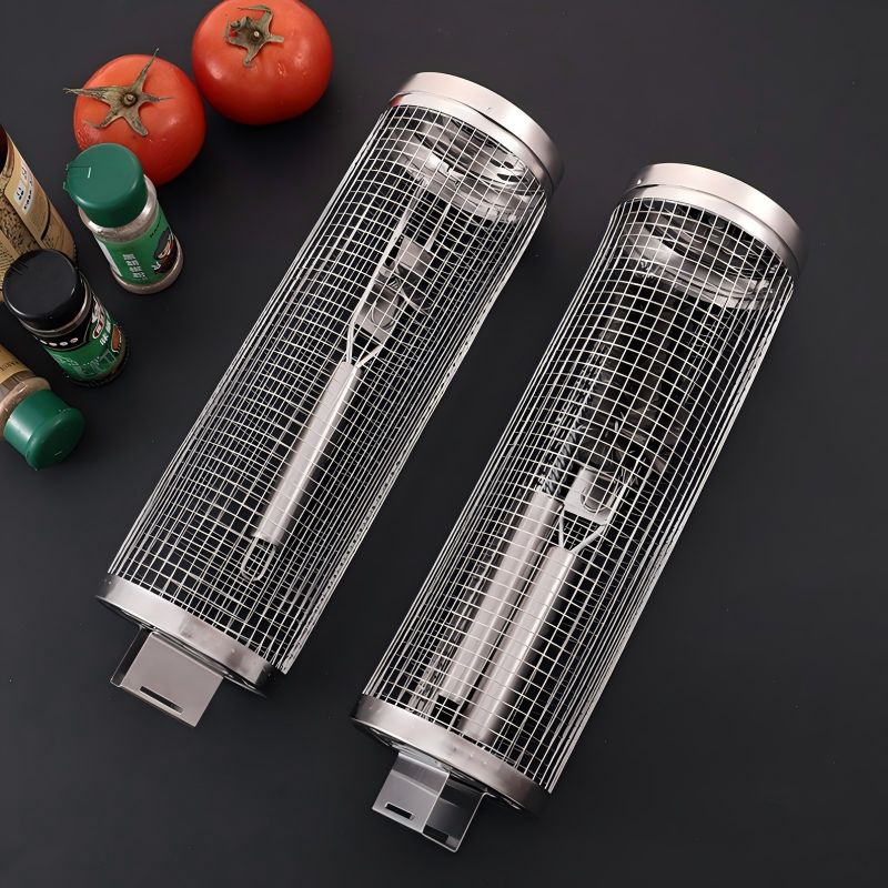 Rotating BBQ Grill Basket – Stainless Steel Handles in use