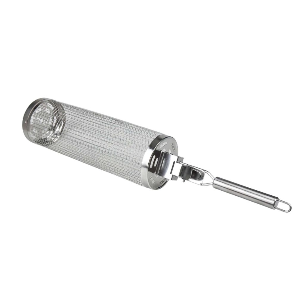 Rotating BBQ Grill Basket – Stainless Steel Handles in use