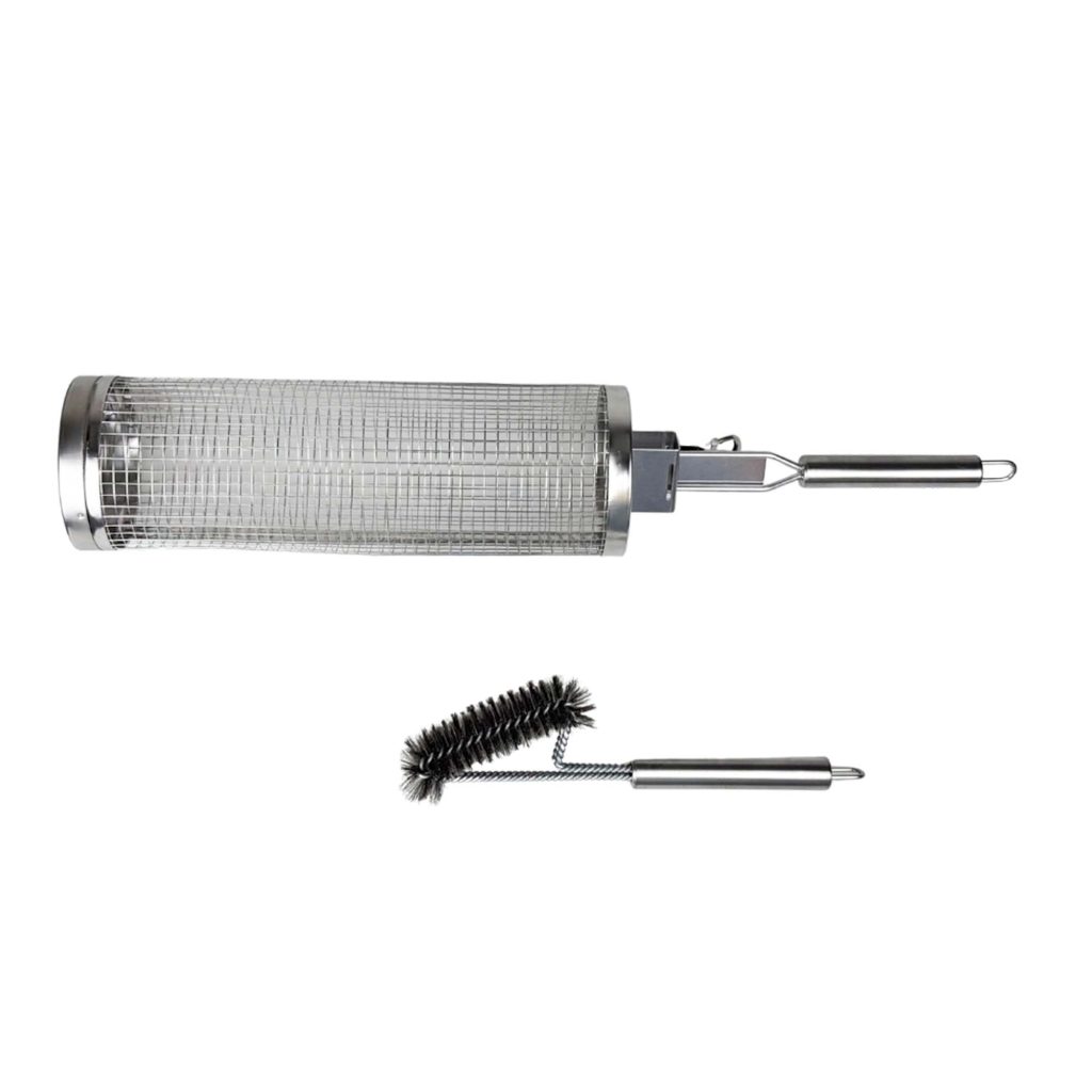 Rotating BBQ Grill Basket – Stainless Steel Handles in use