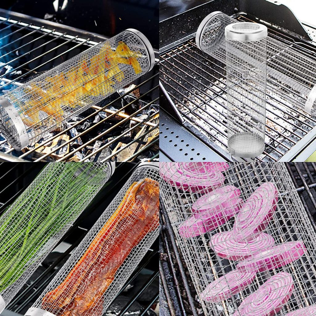 Rotating BBQ Grill Basket Set – 20 cm & 30 cm in use