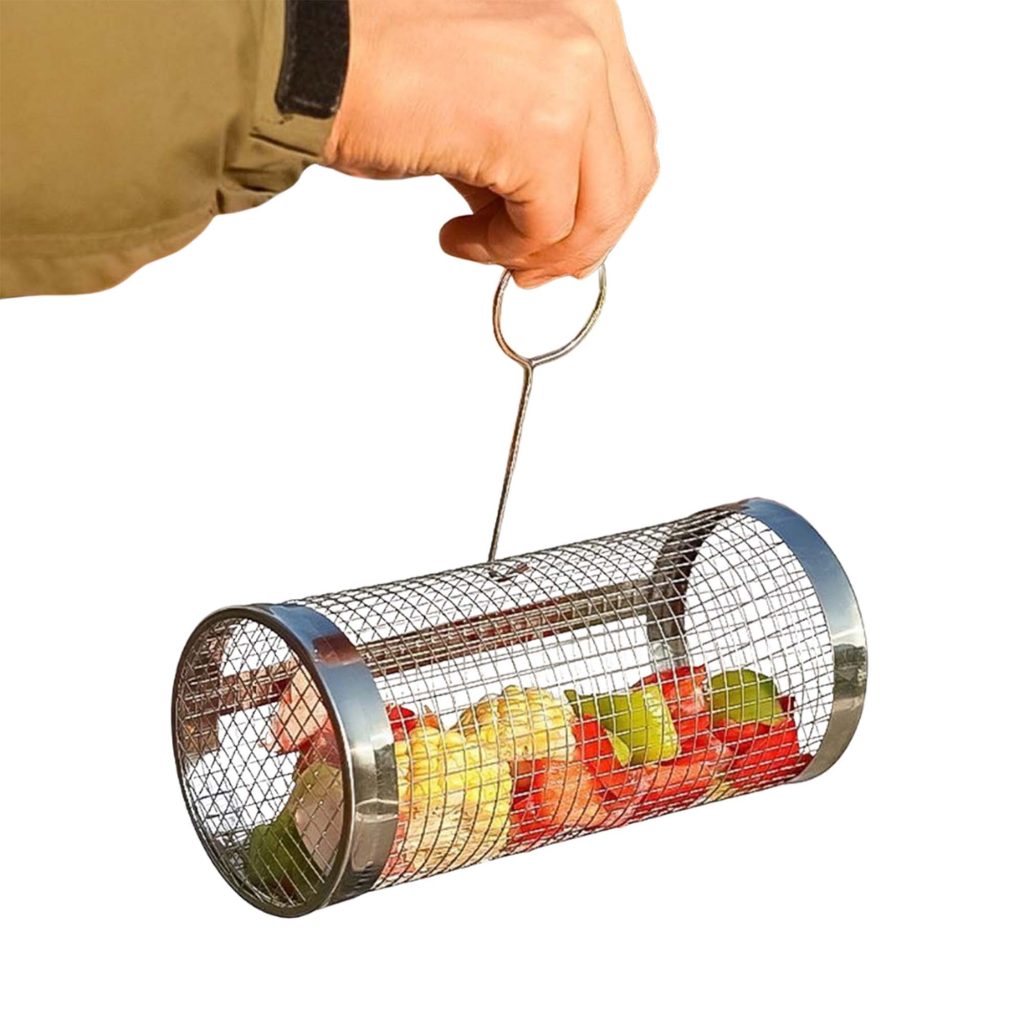 Rotating BBQ Grill Basket Set – 20 cm & 30 cm in use