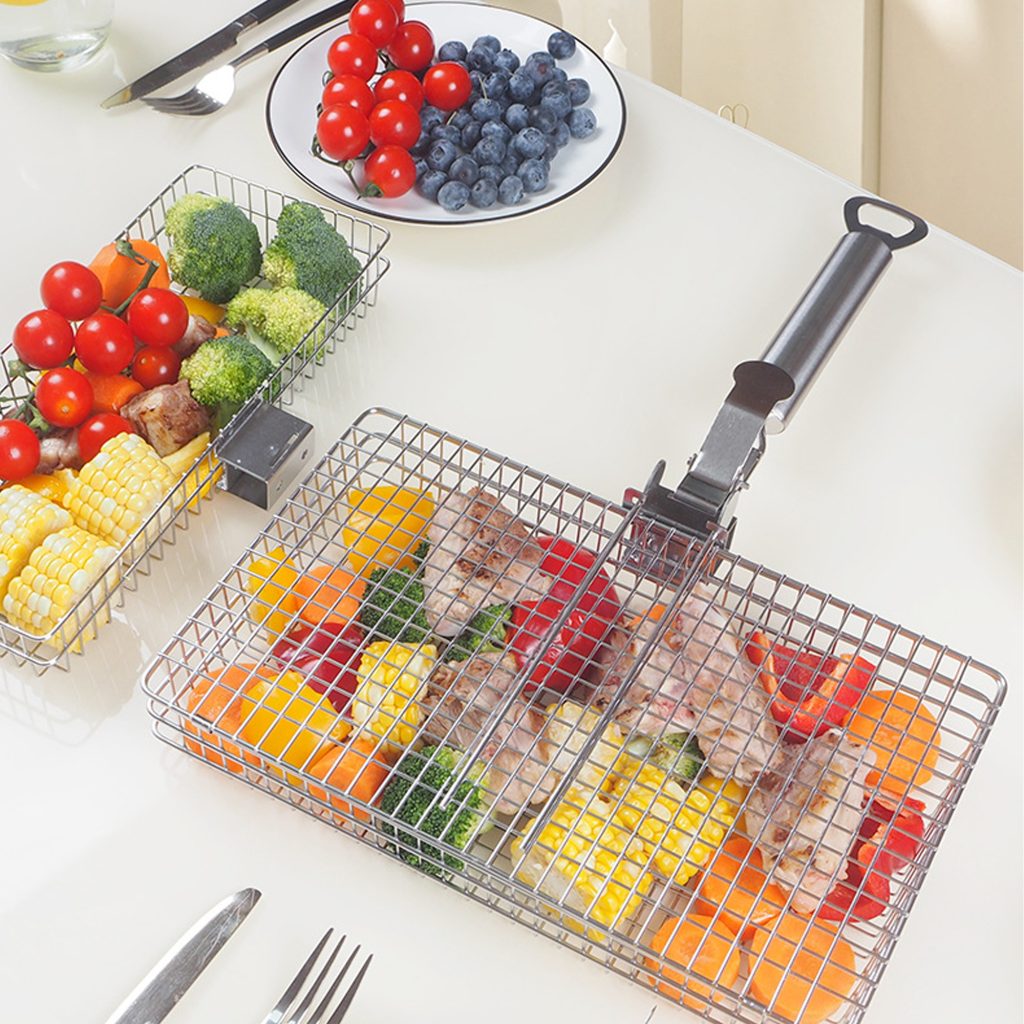 BBQ Grill Basket Set – Two Mesh Baskets with Handle in use