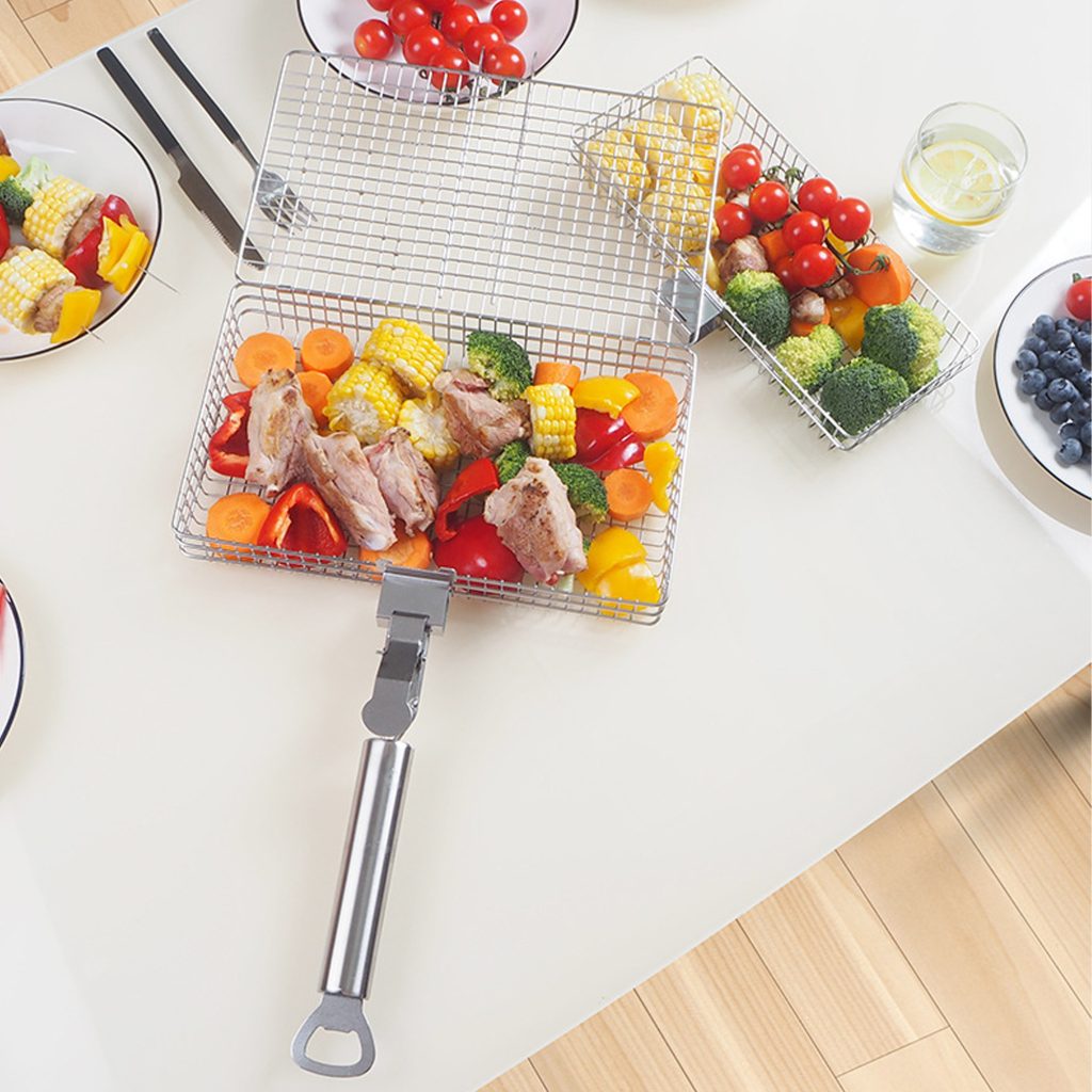 BBQ Grill Basket Set – Two Mesh Baskets with Handle in use