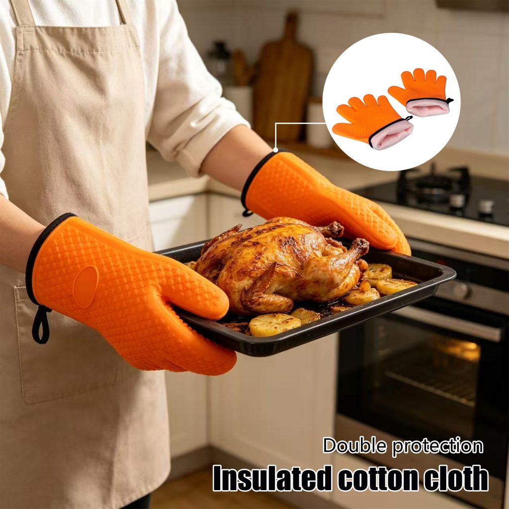Silicone BBQ Gloves – Cotton-Lined Heat Resistant in use