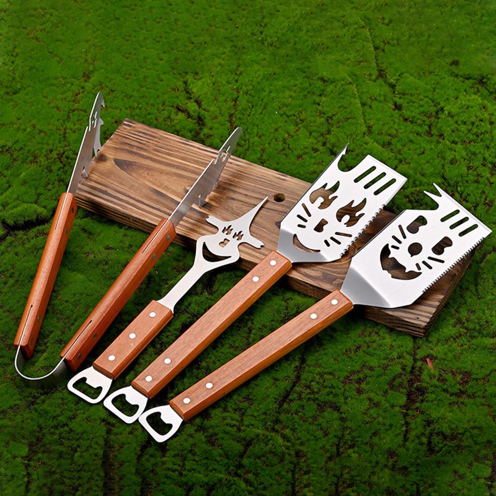BBQ Spatula Set with Bottle Opener – Wood Handles in use