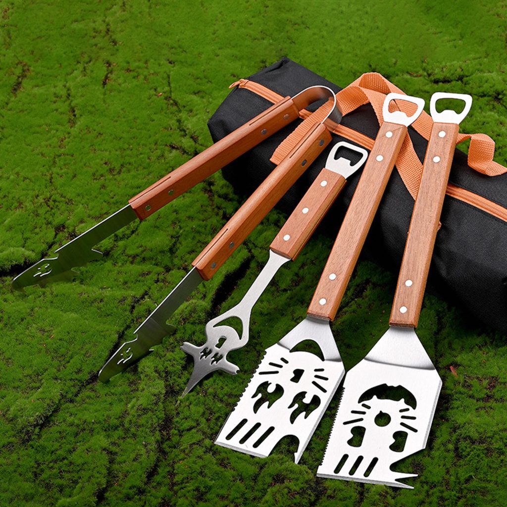 BBQ Spatula Set with Bottle Opener – Wood Handles in use