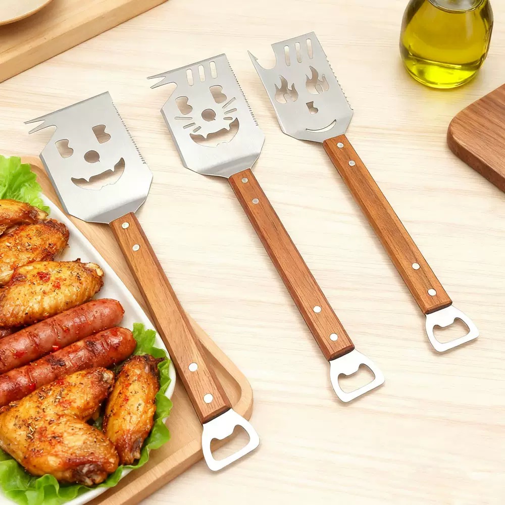 BBQ Spatula Set with Bottle Opener – Wood Handles in use