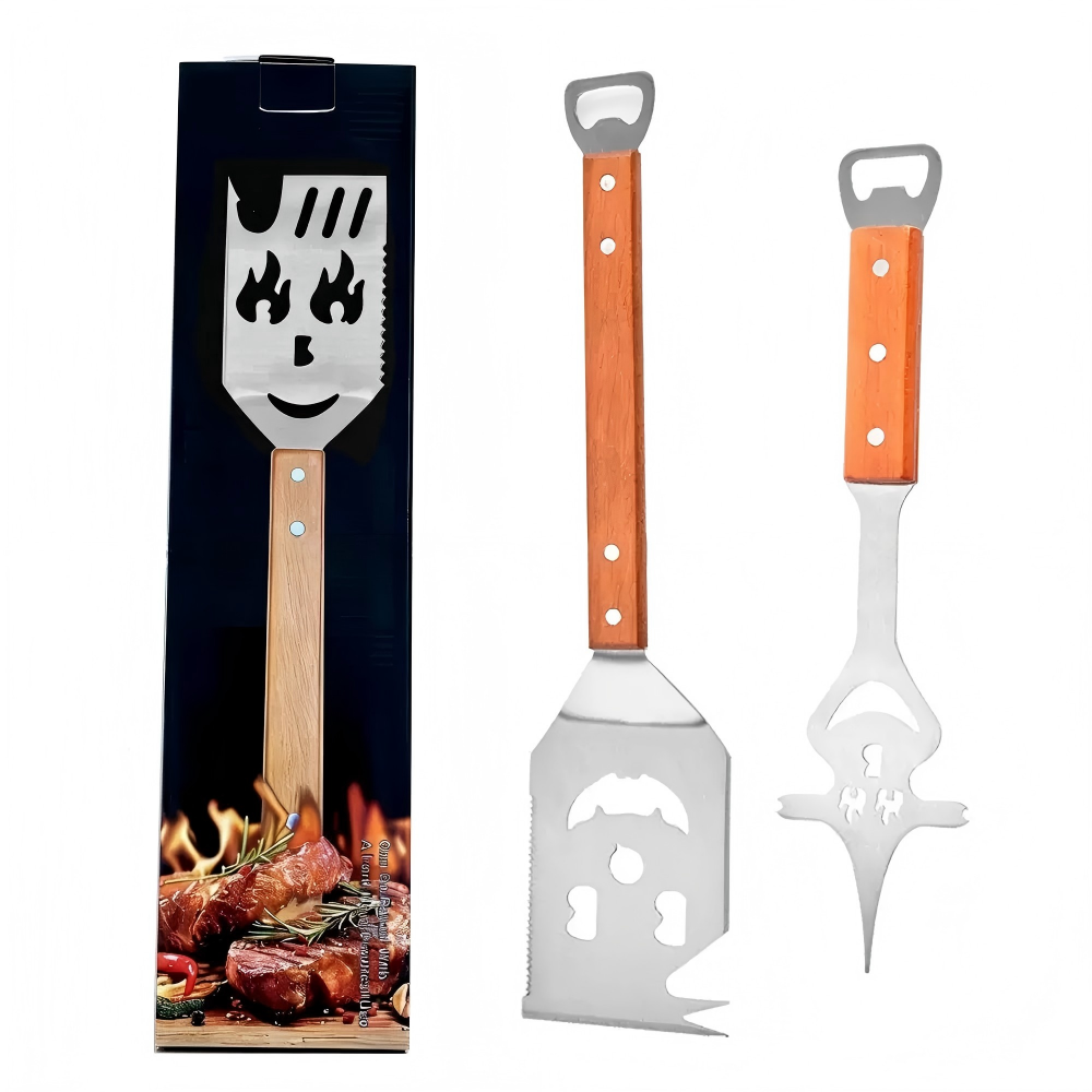 BBQ Spatula Set with Bottle Opener – Wood Handles in use