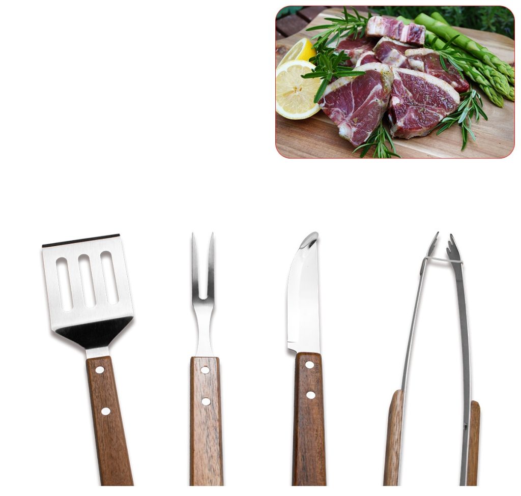 BBQ Tool Set – Wood Handle Spatula, Fork & Tongs in use
