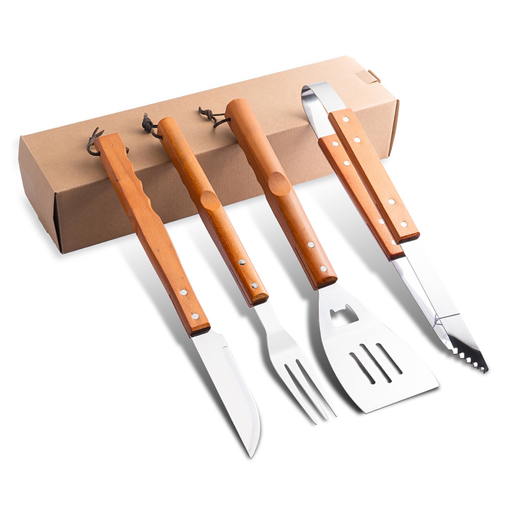 BBQ Tool Set – Wood Handle Spatula, Fork & Tongs in use