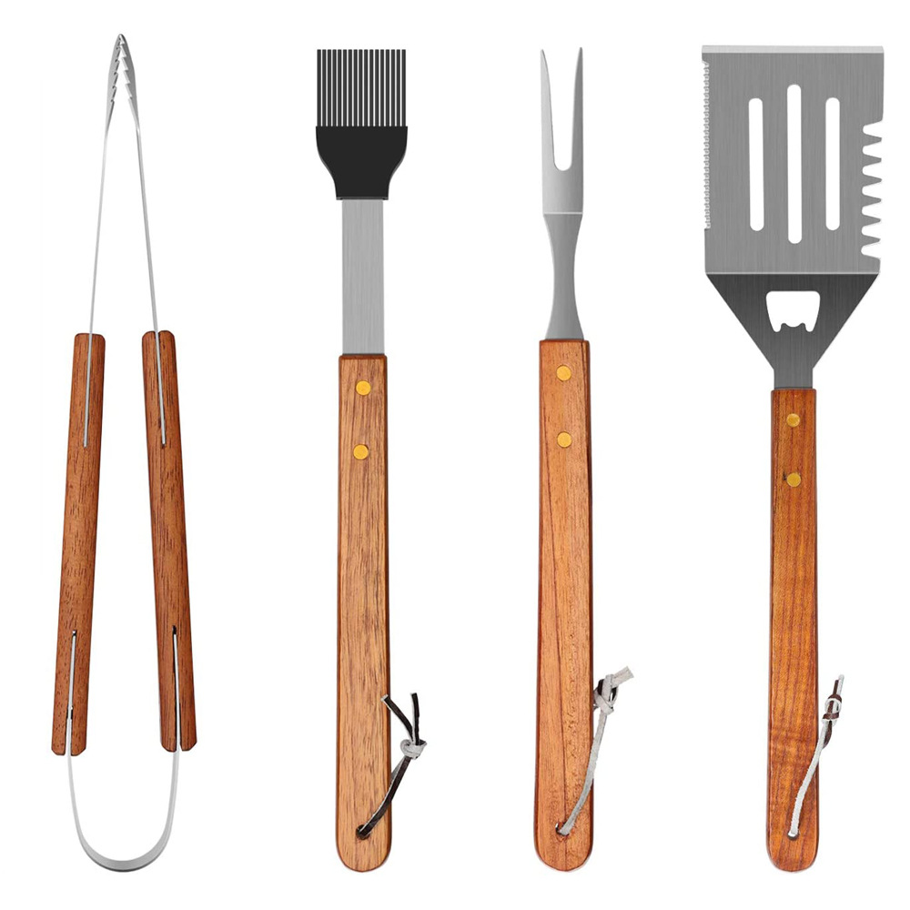 BBQ Tool Set – Wood Handle Spatula, Fork & Tongs in use