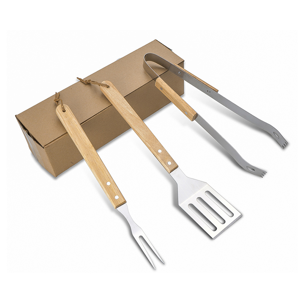 Set d'outils BBQ – spatule, fourchette et pinces à manche bois