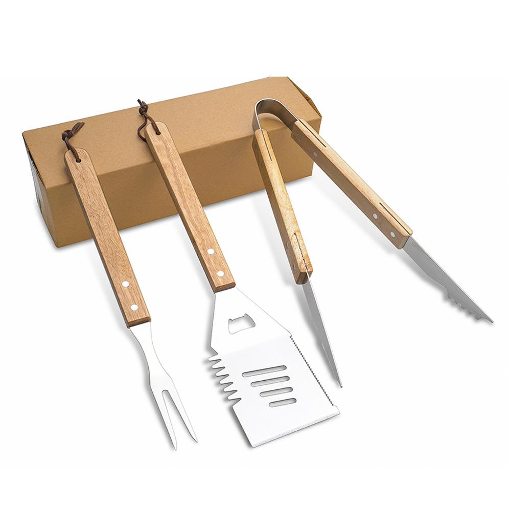 Set d'outils BBQ – spatule, fourchette et pinces à manche bois