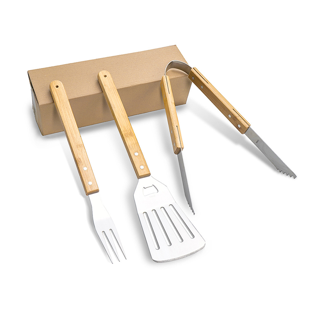 Set d'outils BBQ – spatule, fourchette et pinces à manche bois
