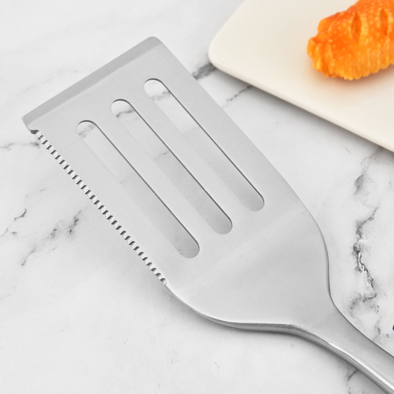 BBQ Tool Set – 4-Piece Stainless with Wood Handles in use