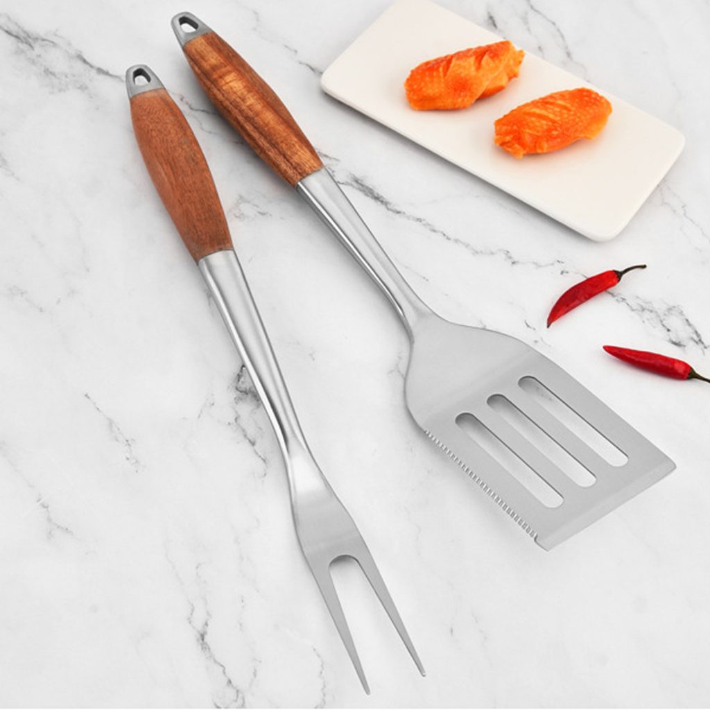 BBQ Tool Set – 4-Piece Stainless with Wood Handles in use