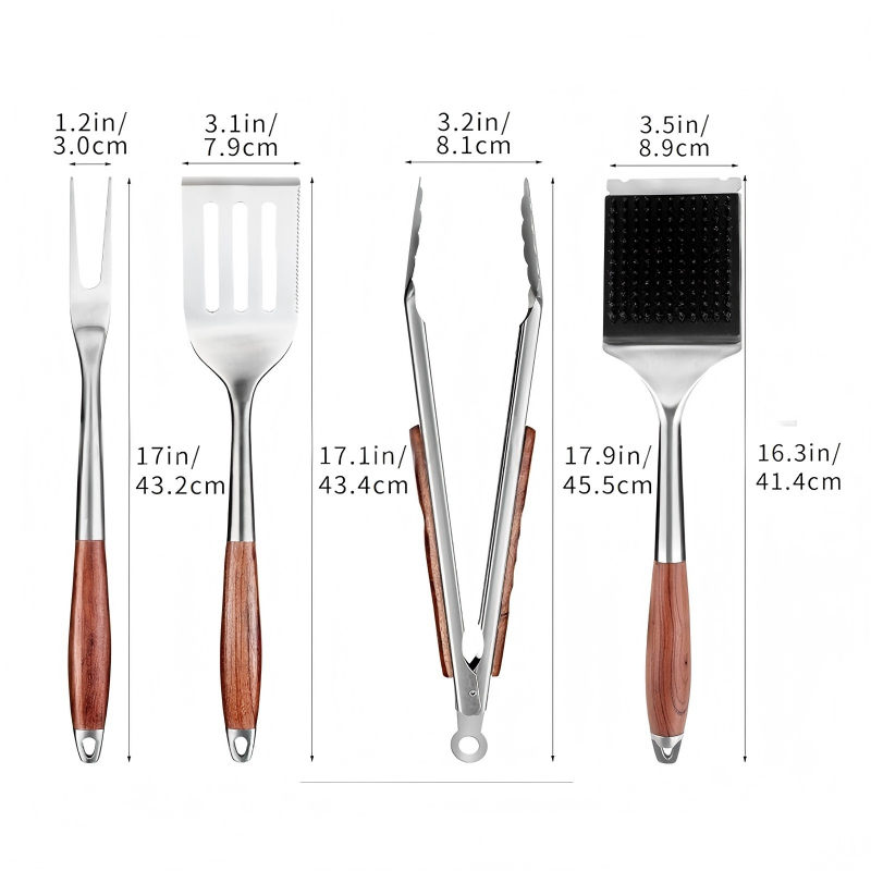 BBQ Tool Set – 4-Piece Stainless with Wood Handles in use