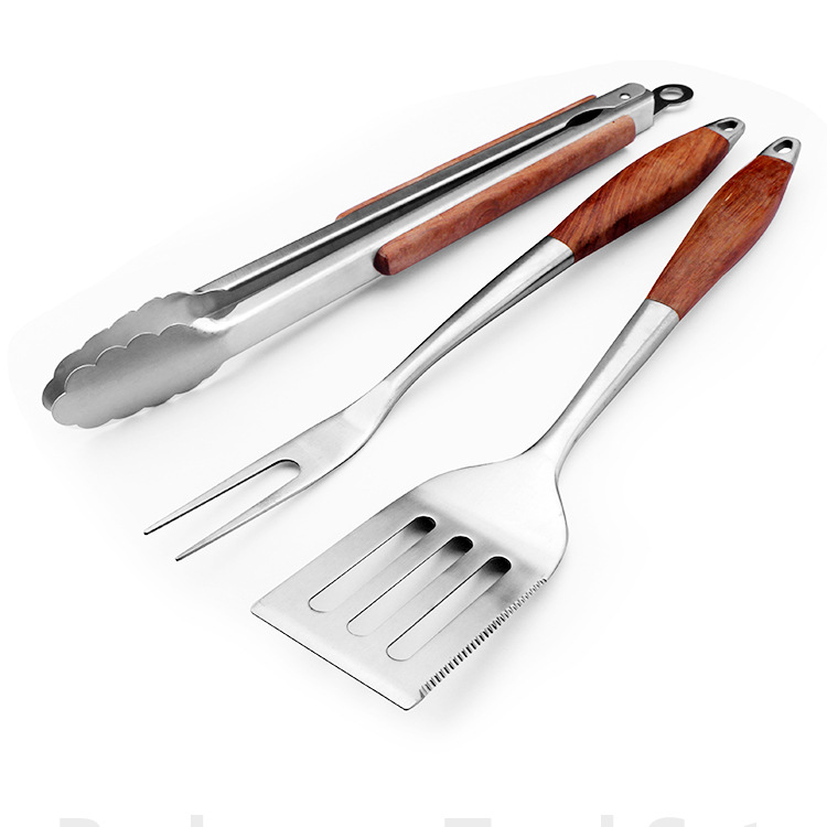 Set d'outils BBQ – 4 pièces inox avec manches en bois