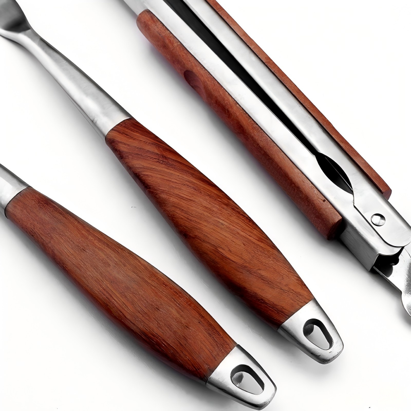 BBQ Tool Set – 4-Piece Stainless with Wood Handles