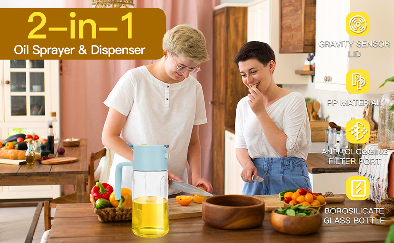 2-in-1 Oil Sprayer & Dispenser with Gravity Lid – Blue in use