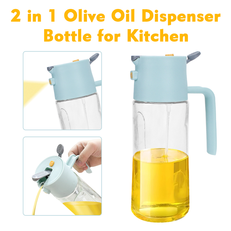 2-in-1 Oil Sprayer & Dispenser with Gravity Lid – Blue in use