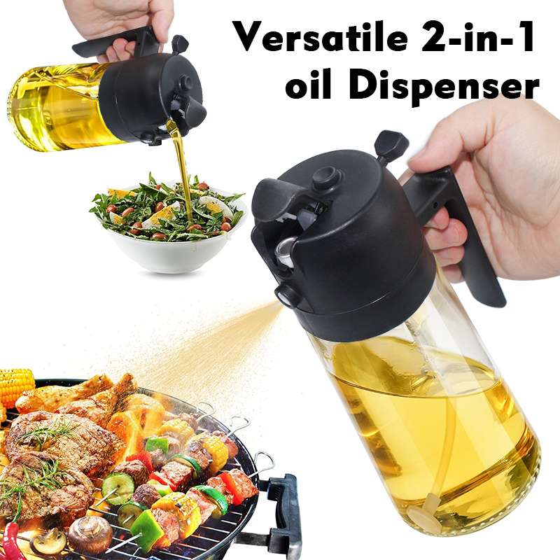 2-in-1 Oil Sprayer & Dispenser with Gravity Lid – Black in use