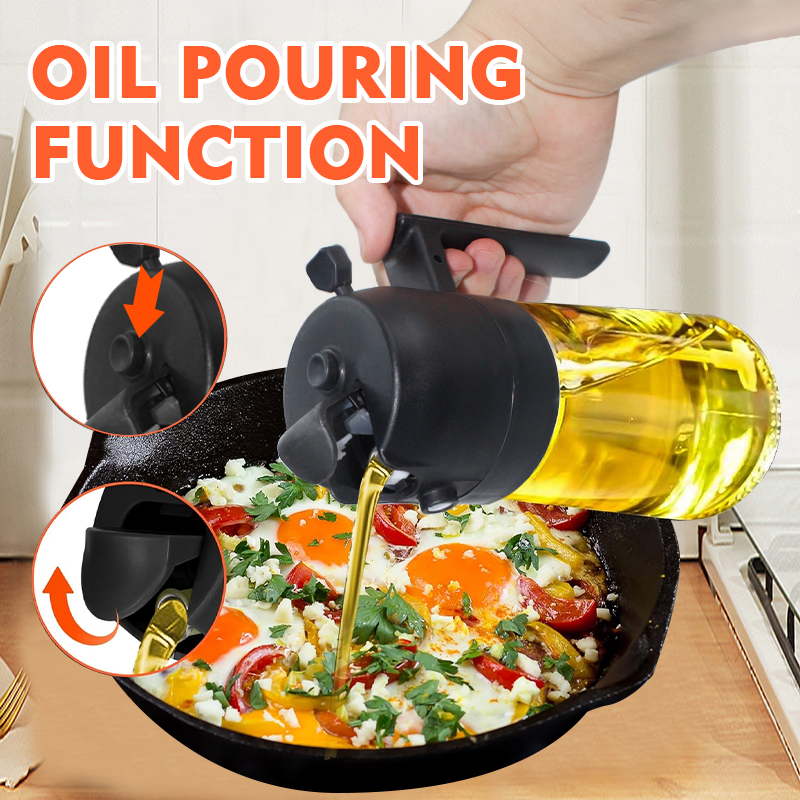 2-in-1 Oil Sprayer & Dispenser with Gravity Lid – Black in use