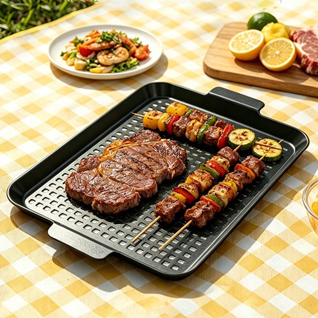 Enamel Mesh BBQ Grill Tray – 2-Piece Set in use