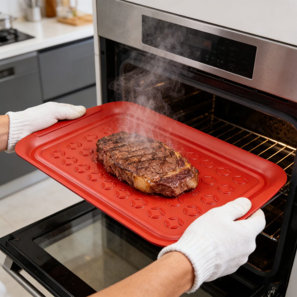 Heat-Resistant Enamel BBQ Tray – Patterned in use