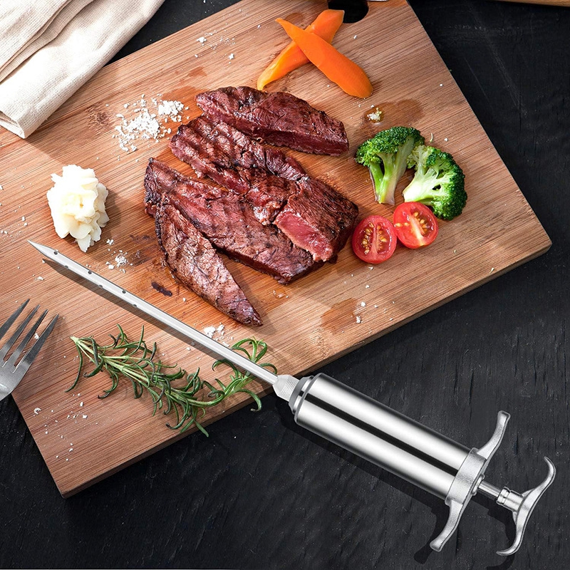 Meat Injector Kit – 304 Stainless Marinade Syringe in use