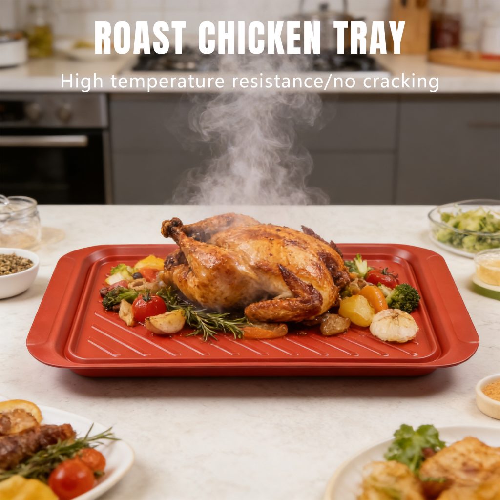 Heat-Resistant Enamel BBQ Tray – Red Diagonal in use