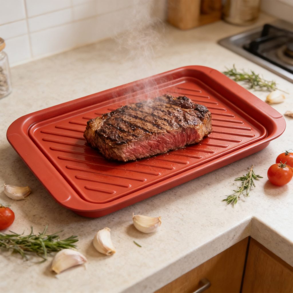 Heat-Resistant Enamel BBQ Tray – Red Diagonal in use