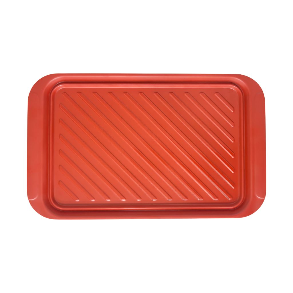 Heat-Resistant Enamel BBQ Tray – Red Diagonal in use