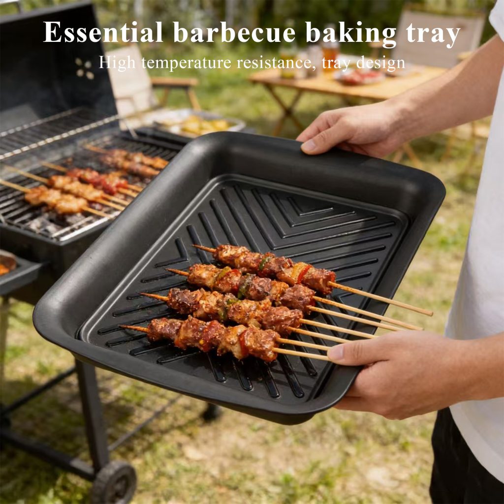 Heat-Resistant Enamel BBQ Tray – Black Diagonal in use