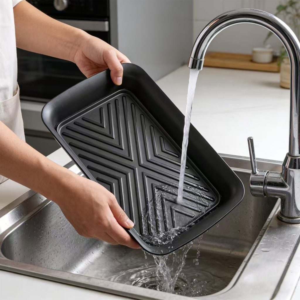 Heat-Resistant Enamel BBQ Tray – Black Diagonal in use