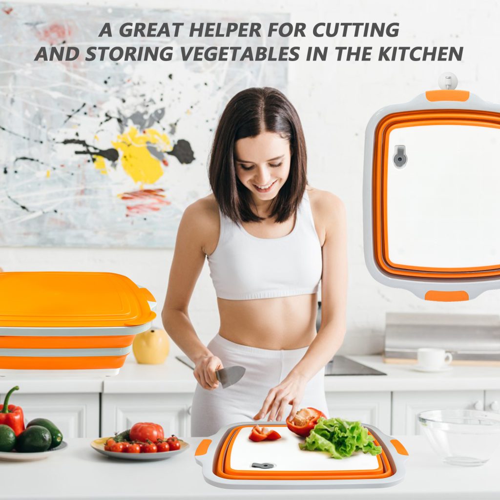 16L Collapsible Prep Box – Cutting Board, Wash Basin & Colander in One (Orange) in use