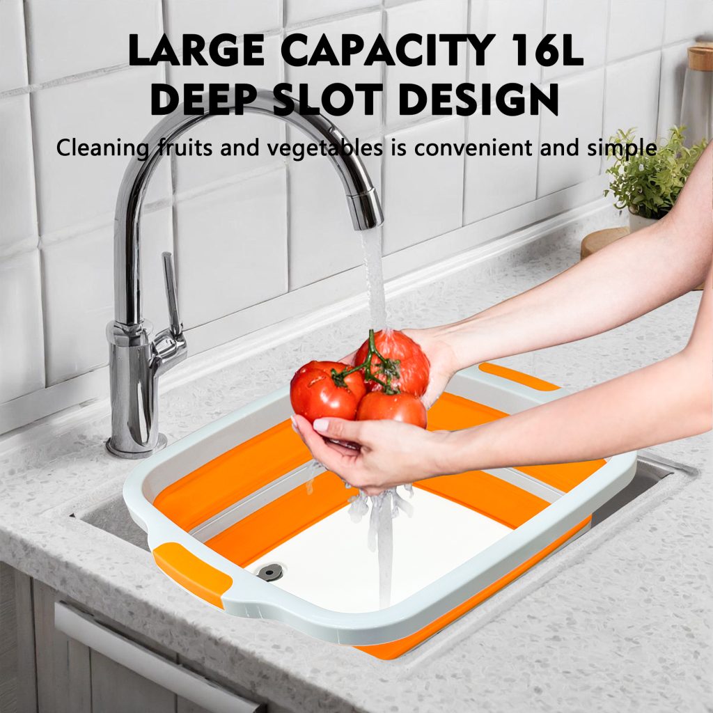 16L Collapsible Prep Box – Cutting Board, Wash Basin & Colander in One (Orange) in use