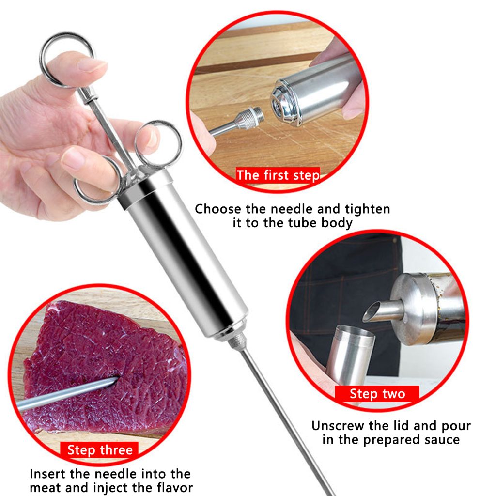 304 Stainless Meat Injector – Marinade Syringe in use